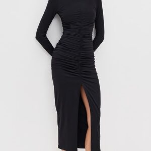 Mock Neck Gathered Front Long Sleeve Dress