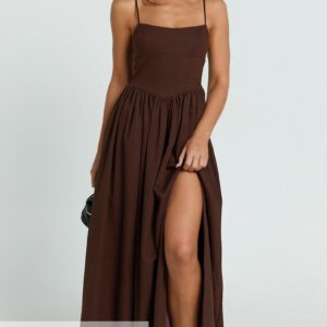 Showpo Morris Midi Dress - Linen Scoop Neck Gathered Dress in Chocolate