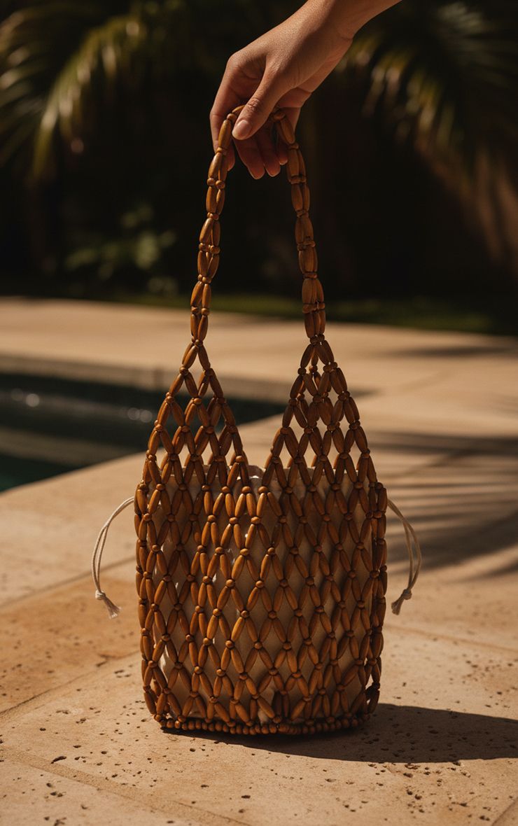 PrettyLittleThing Natural Wooden Bead Bucket Bag
