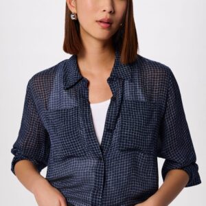 Navy Grid Print Sheer Shirt Navy Grid Print Sheer Shirt
