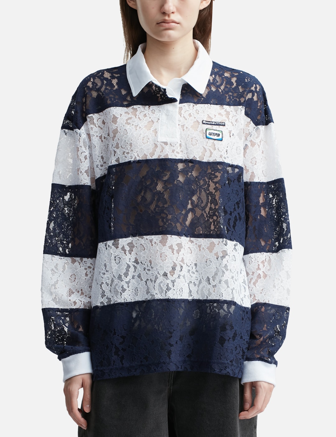 pushBUTTON Navy Lace Stripe Piqué Top