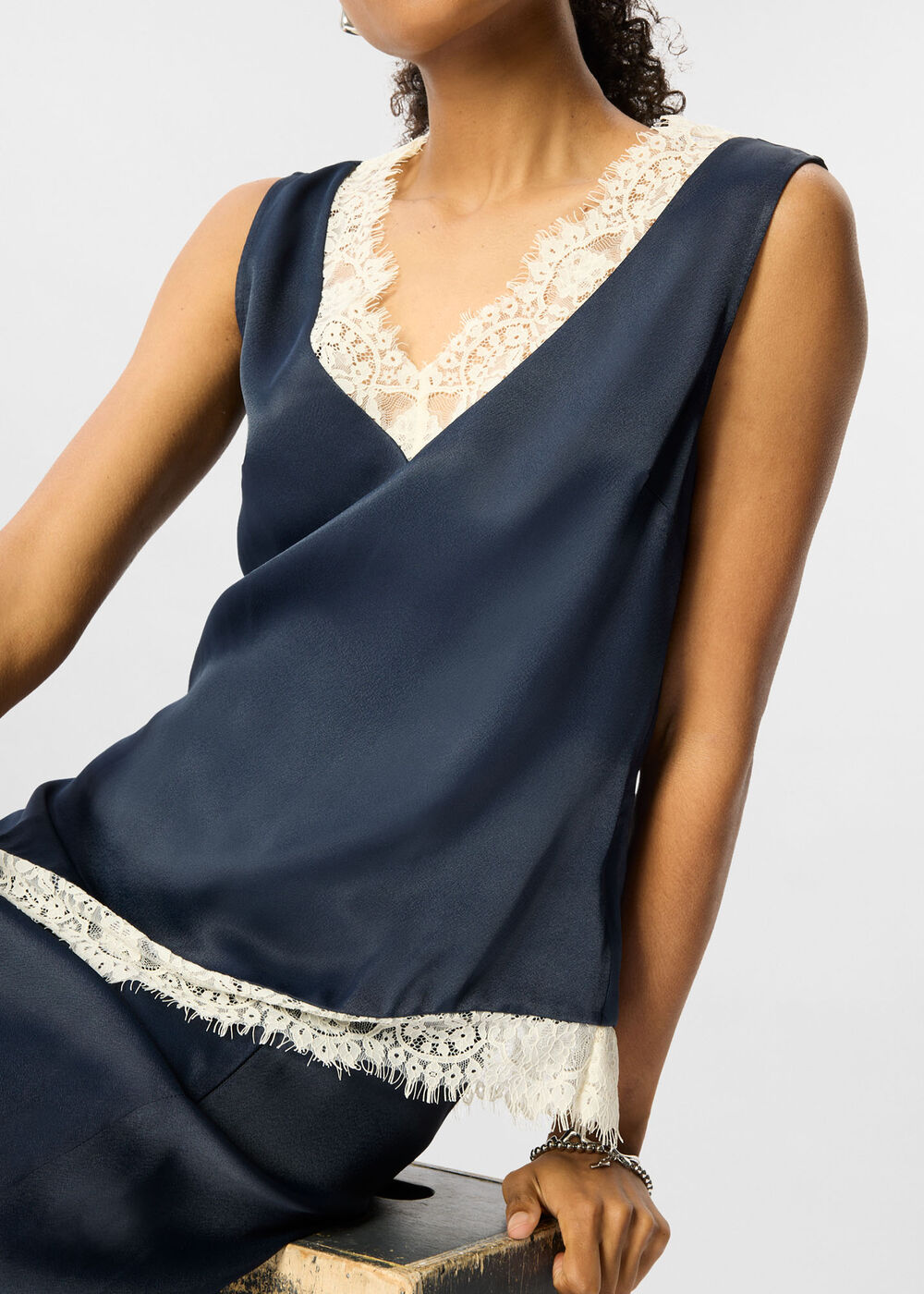 Navy Lace Trim Satin Cami Top - Image 2
