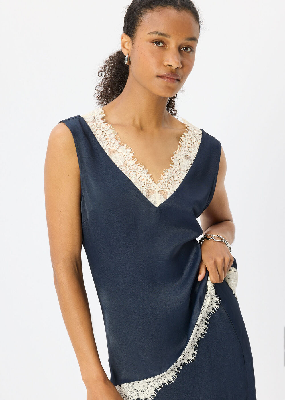 Navy Lace Trim Satin Cami Top - Image 3