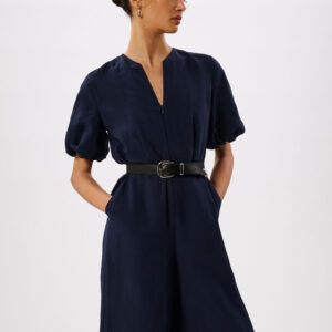 Navy Linen Blend Tie Waist Jumpsuit Navy Linen Blend Tie Waist Jumpsuit