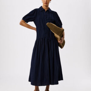 Navy Textured Drop Waist Midi Dress