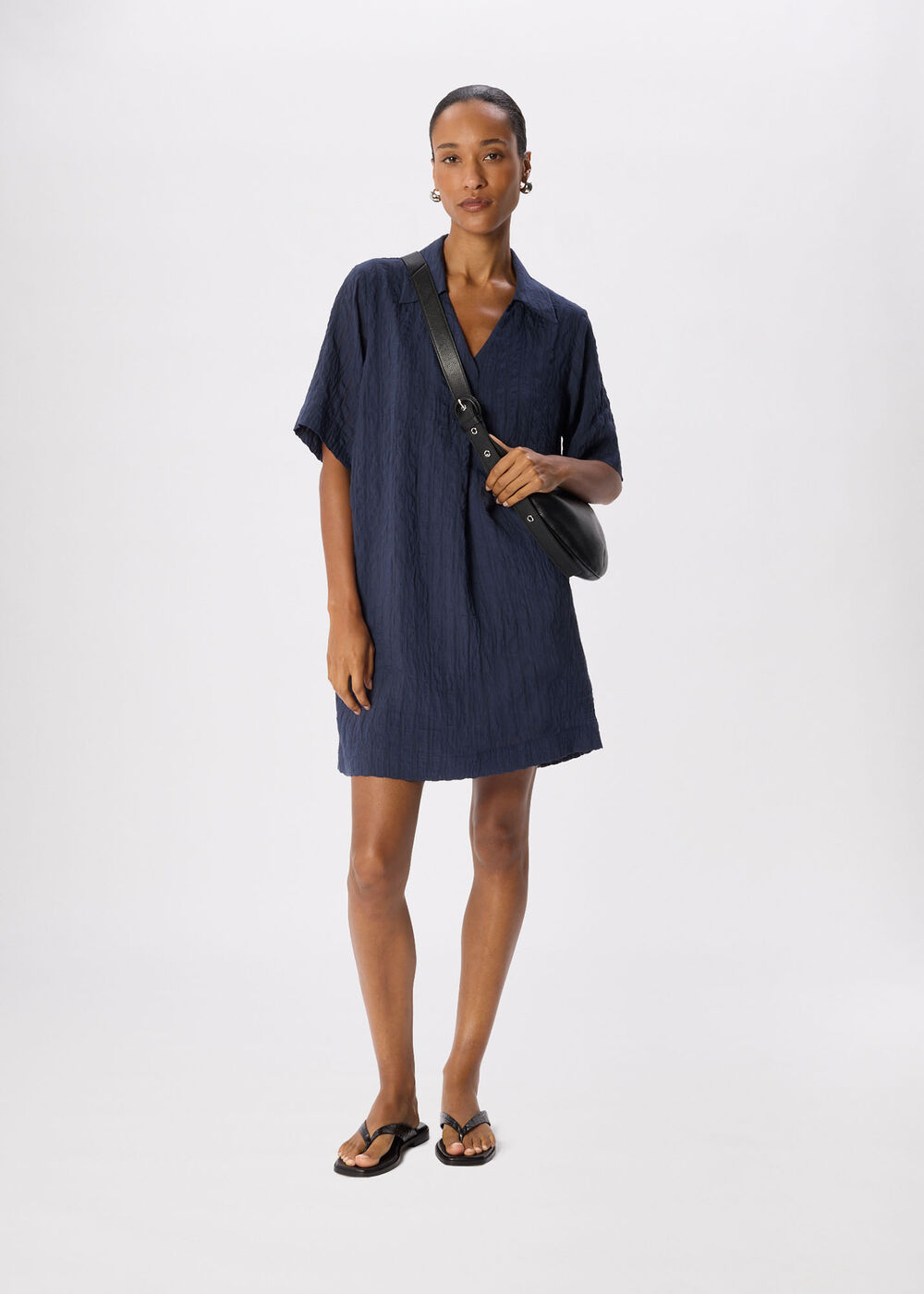 Navy Textured Relaxed Short Dress - Image 2