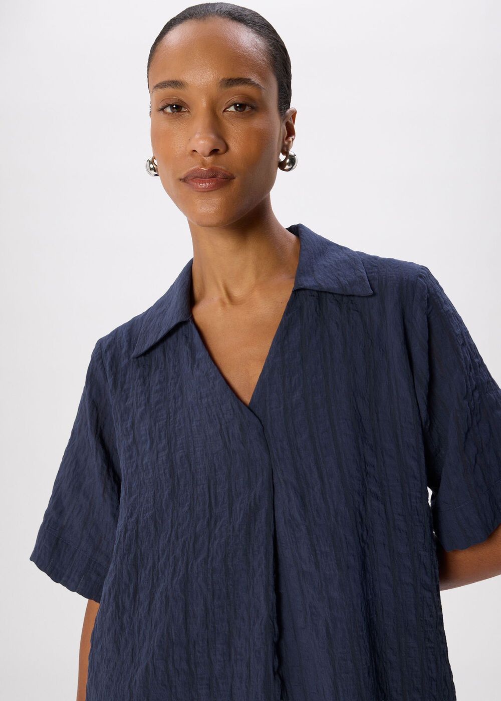 Navy Textured Relaxed Short Dress - Image 3