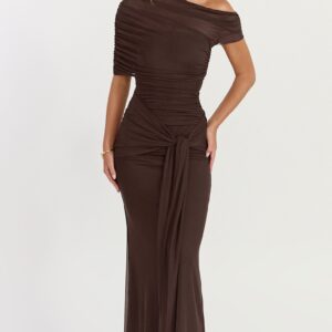 Nicolette Maxi Dress - Cape Sleeve Off Shoulder Dress in Chocolate
