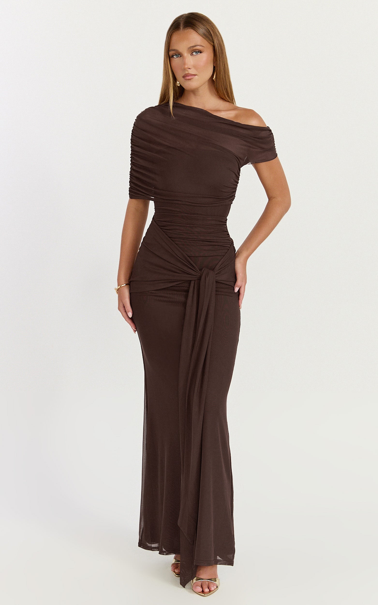 Showpo Nicolette Maxi Dress - Cape Sleeve Off Shoulder Dress in Chocolate