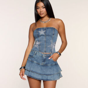 Nightfall Star Rhinestone Lace-Up Denim Top