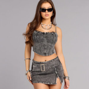 No Apologies Denim Lace Trim Crop Top