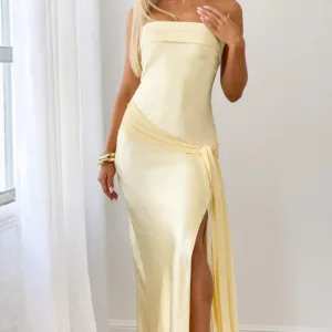 BB Exclusive Novie Yellow Tie Detail Satin Strapless Maxi Dress Novie Yellow Tie Detail Satin Strapless Maxi Dress