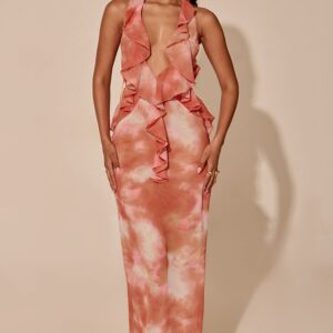 PrettyLittleThing Orange Abstract Print Chiffon Plunge Frill Detail Maxi Dress