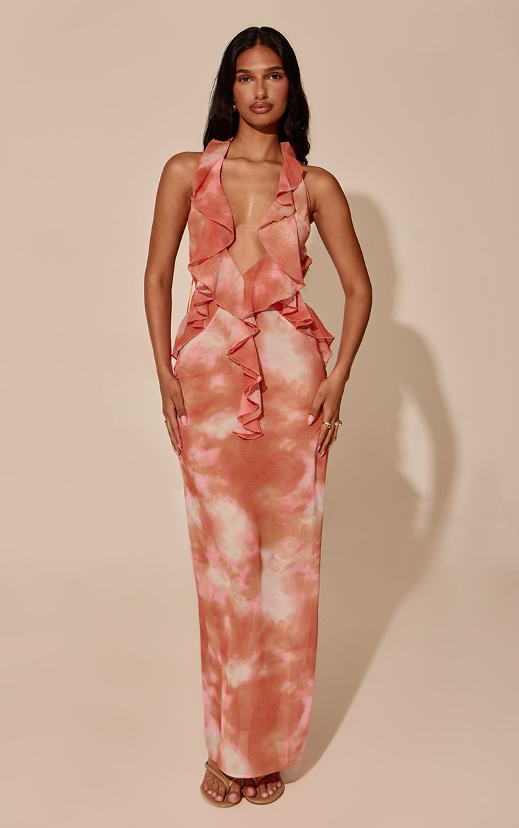 PrettyLittleThing Orange Abstract Print Chiffon Plunge Frill Detail Maxi Dress