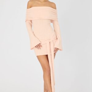 Orange Knitted Off Shoulder Tie Waist Mini Dress