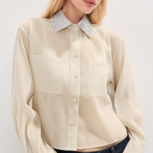 LE BOP Organza Cropped Buttondown with Embellished Collar Organza Cropped Buttondown with Embellished Collar