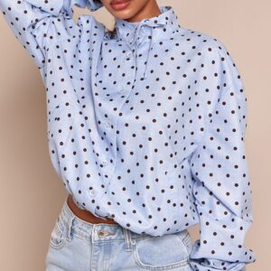 PrettyLittleThing Petite Blue Polka Dot High Neck Tie Detail Long Sleeve Shirt Petite Blue Polka Dot High Neck Tie Detail Long Sleeve Shirt