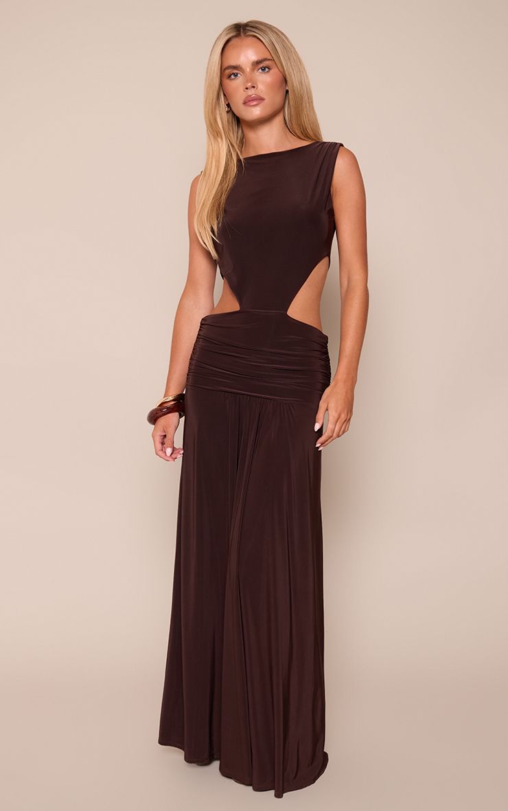 PrettyLittleThing Petite Chocolate Cut Out Side Detail Drape Detail Maxi Dress