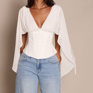 PrettyLittleThing Petite White Corset Waist Chiffon Drape Sleeve Top Petite White Corset Waist Chiffon Drape Sleeve Top