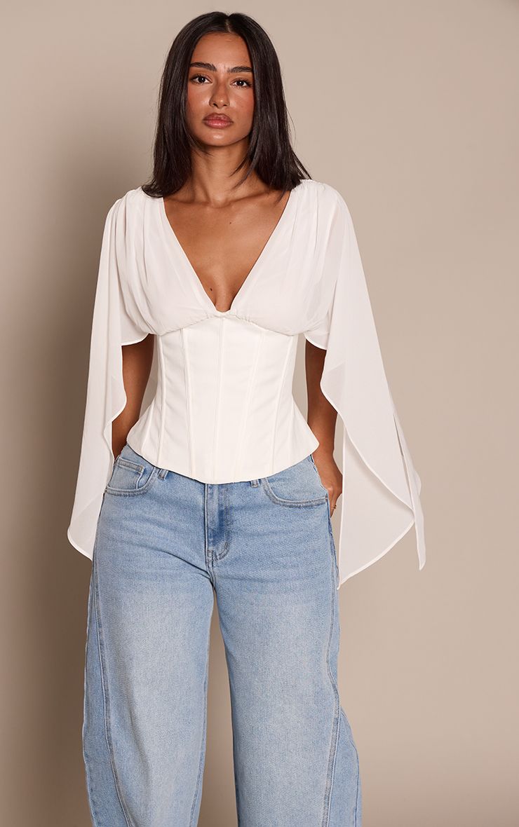 PrettyLittleThing Petite White Corset Waist Chiffon Drape Sleeve Top