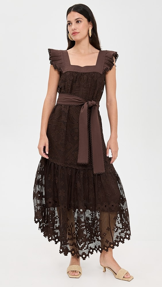 FARM Rio Pineapple Guipure Brown Midi Dress
