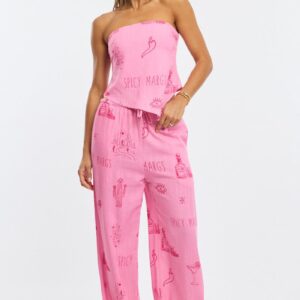 Pink Abstract Wide Leg Pants Elasticated Waist