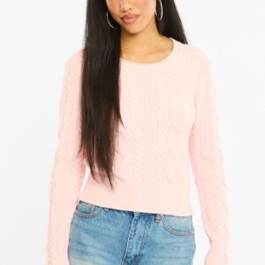 Pink Cable Knit Top Long Sleeve Crew Neck