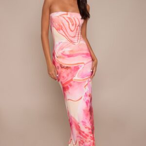 Pink Flower Print Bandeau Maxi Dress