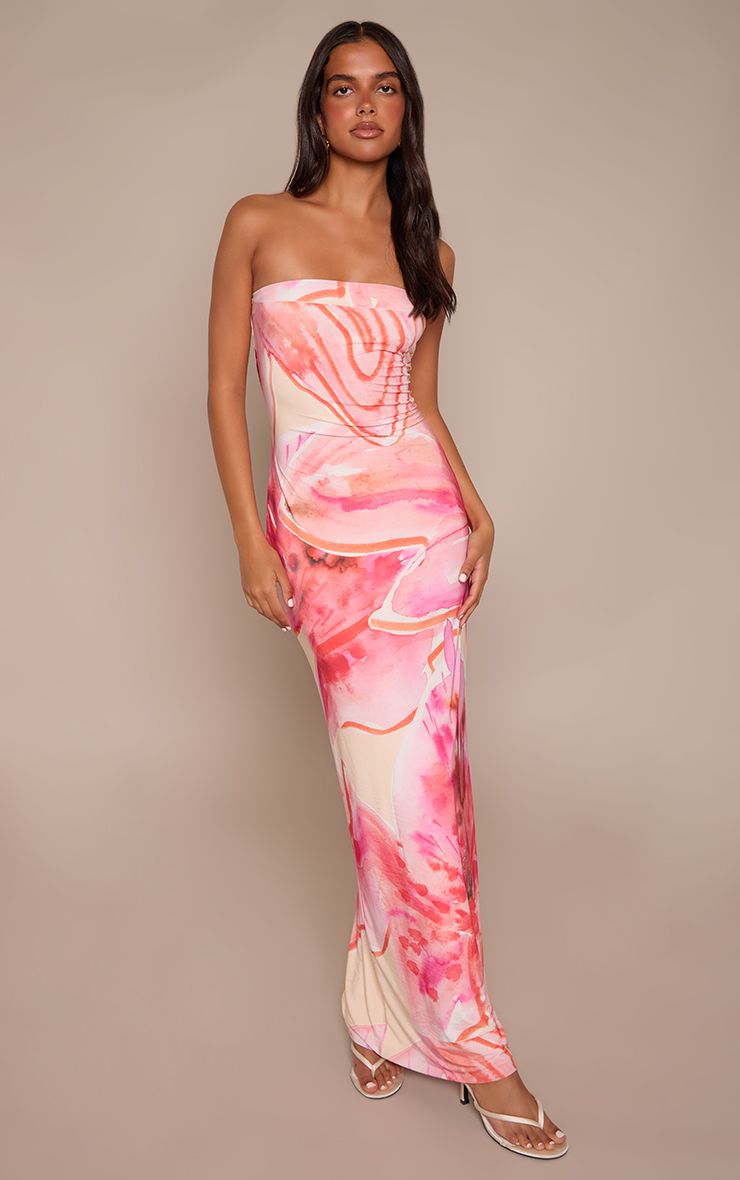 PrettyLittleThing Pink Flower Print Bandeau Maxi Dress