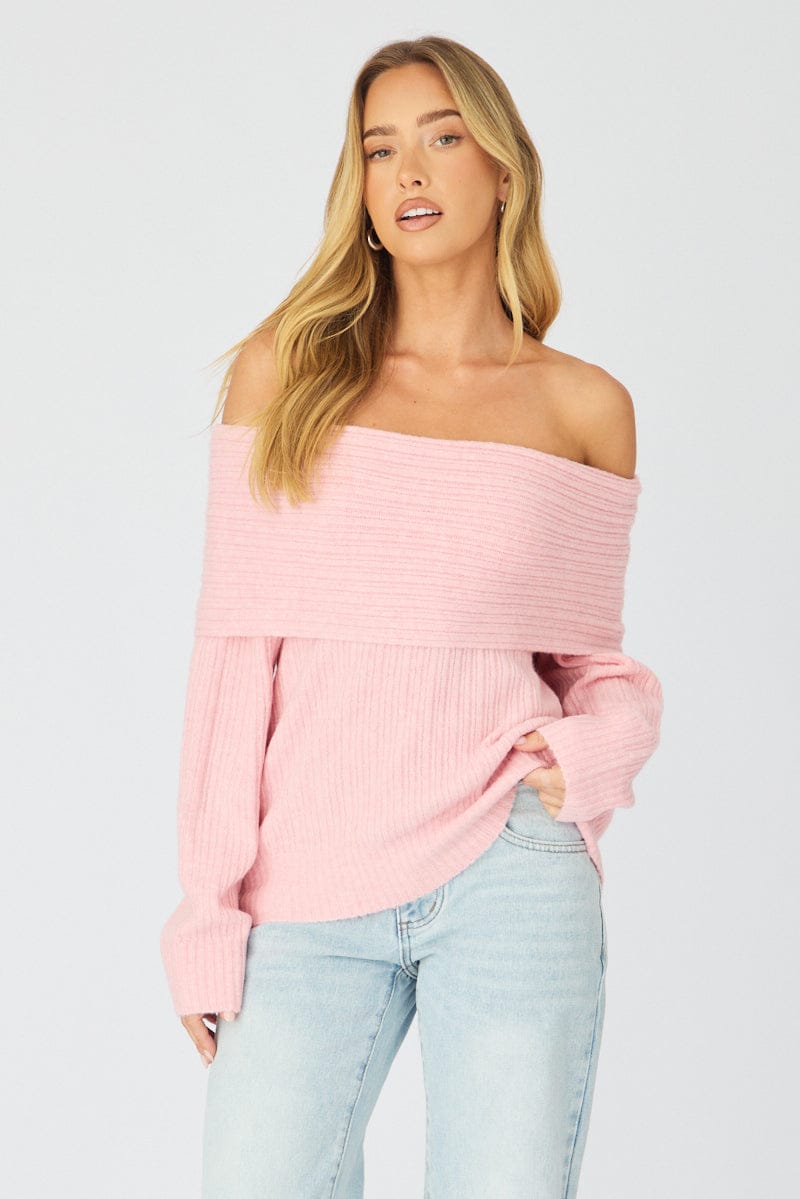 Ally Fashion Pink Fold Down Bardot Knit Top Long Sleeve