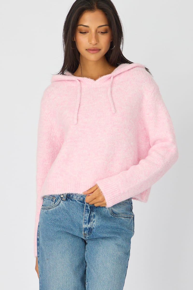 Pink Knit Hoodie Long Sleeve | Ally Fashion
