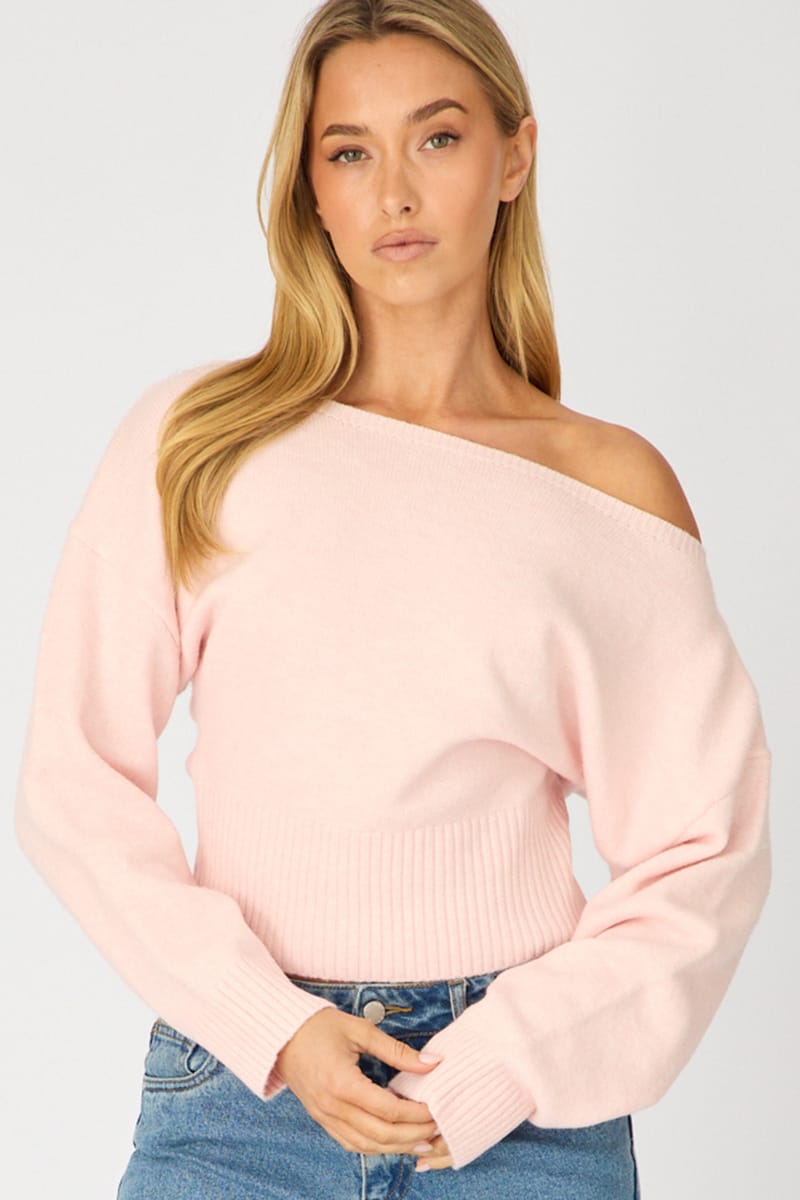 Ally Fashion Pink Knit Top Off Shoulder Long Sleeve