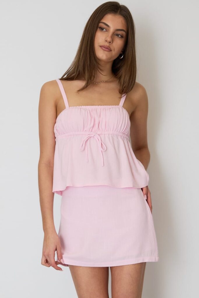 Pink Linen Blend Mini Skort High Rise Shorts Lined
