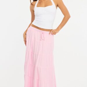 Pink Maxi Skirt Tiered High Rise Linen Blend