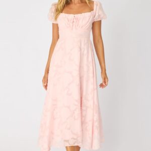 Pink Midi Dress Puff Sleeve
