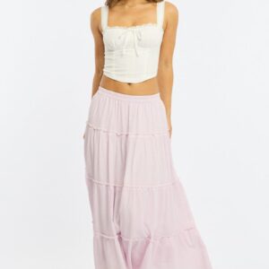 Pink Midi Skirt Tiered High Rise Lined Textured Cotton