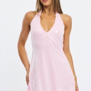 Pink Mini Dress Halter Neck Sequin