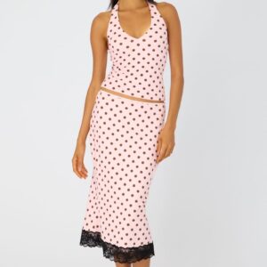 Ally Fashion Pink Polka Dot Midi Lace Skirt Mid Waisted Calf Length Supersoft Pink Polka Dot Midi Lace Skirt Mid Waisted Calf Length Supersoft