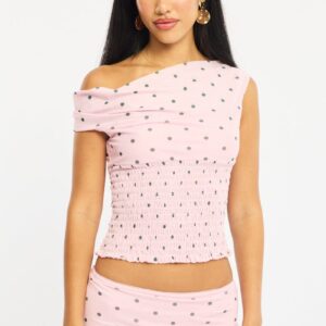Pink Polka Dot One Shoulder Polka Dot Mesh Top