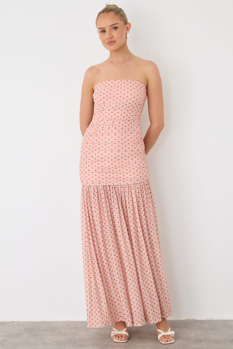 Ally Fashion Pink Polka Dot Strapless Bodycon Maxi Dress