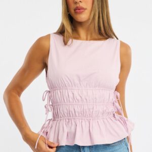 Ally Fashion Pink Ruched Top Sleeveless Boat Neck Bow Details Pink Ruched Top Sleeveless Boat Neck Bow Details