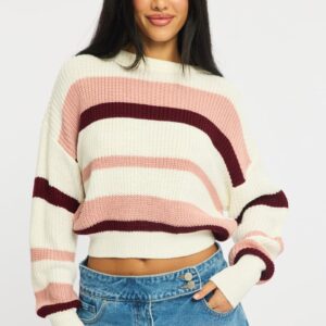 Pink Stripe Knit Top Long Sleeve Color Block