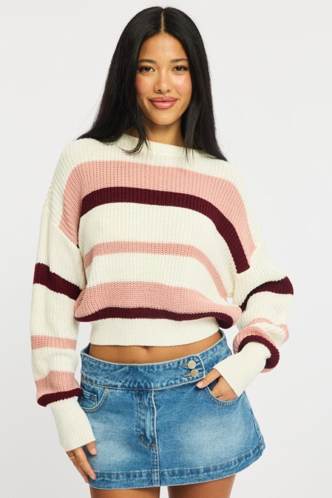 Pink Stripe Knit Top Long Sleeve Color Block