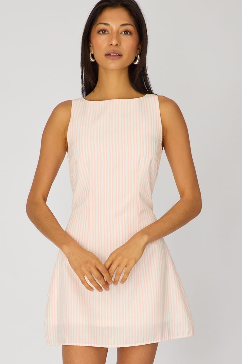 Ally Fashion Pink Stripe Mini Dress Boat Neck