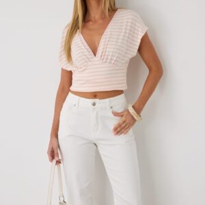 Ally Fashion Pink Stripe Short Sleeve V-neck Top Pink Stripe Short Sleeve V-neck Top