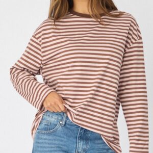 Ally Fashion Pink Stripe Striped Top Long Sleeve Crew Neck