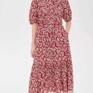Pintucked Puff-Sleeve Midi Dress in Floral