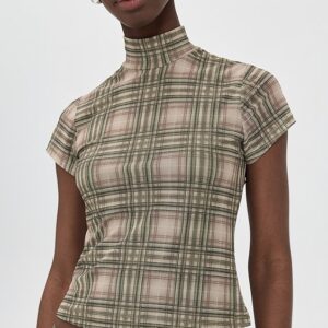 Plaid Mesh High Neck Top