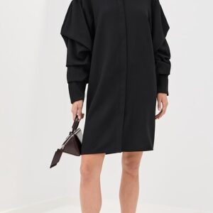 Pleated Sleeve Wool Crepe Shirt Dress