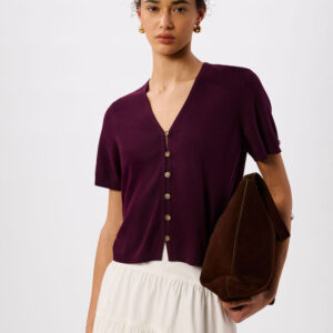 Plum Short Sleeve Button Front Knit